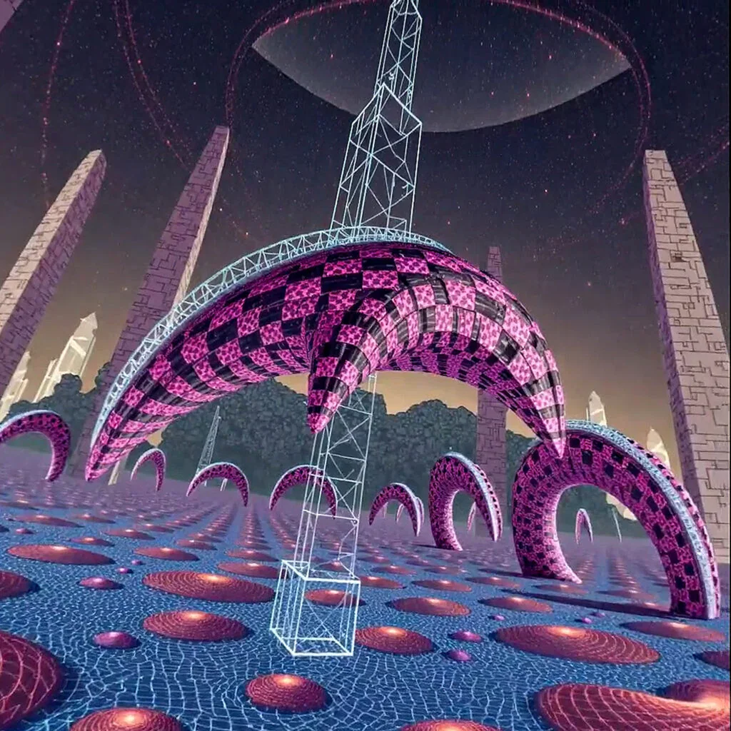 AI 360 · Studio R&D Pink and black patterned dolphin-like forms above a blue textured floor, surrounded by pale towers and a star-filled sky in an AI-generated 360 environment.