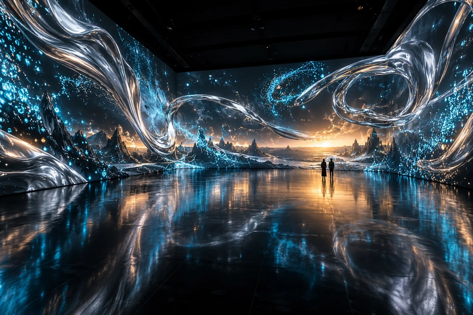 An imagined AI-created immersive room · Concept visual, not a completed client project A panoramic immersive room with flowing silver ribbons, cyan light particles and an amber horizon reflected on a black floor, with two visitors silhouetted for scale.